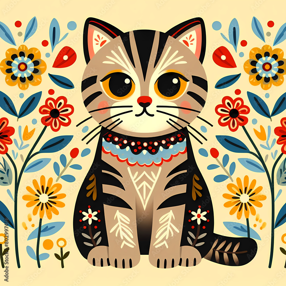 Simple folk style illustration of a cat with red and yellow flowers. Simple folk style illustration of a cat with red and yellow flowers.