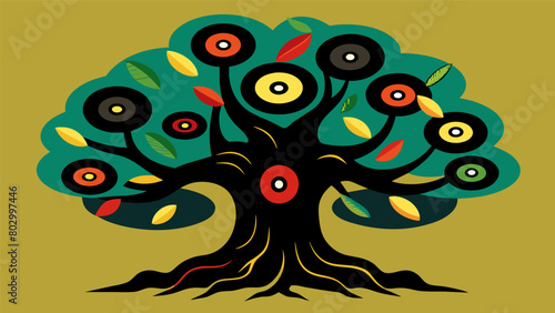 A sprawling banyan tree with intertwining branches holding vinyl records of reggae ska and dub music. Vector illustration
