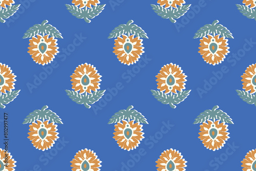 floral ethnic ikat seamless pattern traditional design for background, carpet, wallpaper, clothing, wrapping, fabric, vector illustration, embroidery style, Ajrakh, block print, batik print allovers