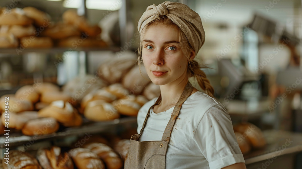 Woman working in a bakery. 