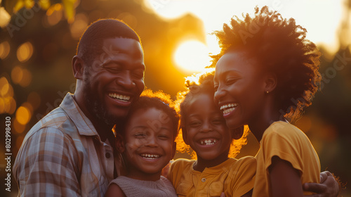 A warm, affectionate family portrait in a park at sunset, featuring parents and two children laughing and hugging. The family is casually dressed.