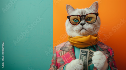 A cool  rich cat is dressed in a stylish suit and sunglasses holding cash money  standing confidently against a vibrant background.