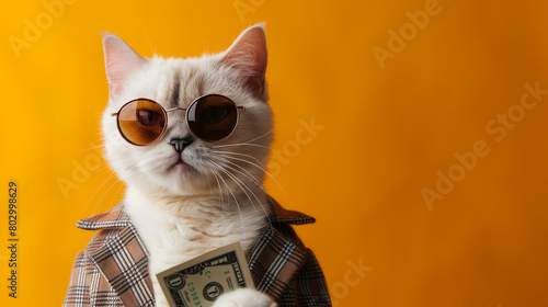 A cool, rich cat is dressed in a stylish suit and sunglasses holding cash money, standing confidently against a vibrant background. photo