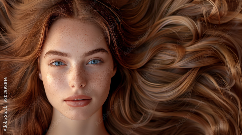 Obraz premium A young, beautiful woman with long, healthy brown hair is depicted in a salon, showcasing a stylish hairdo. The image exudes a sense of beauty and confidence, with copy space