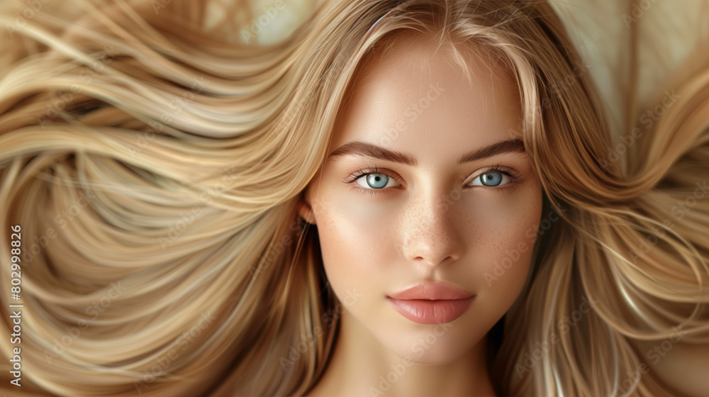 A young, beautiful woman with long, healthy blonde hair is depicted in a salon, showcasing a stylish hairdo. The image exudes a sense of beauty and confidence, with copy space A young, beautiful woman with long, healthy blonde hair is depicted in a salon, showcasing a stylish hairdo. The image exudes a sense of beauty and confidence, with copy space
