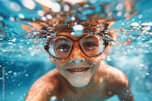 Cheerful caucasian boy child diving underwater, enjoying a delightful and fun swimming experience © Andrei