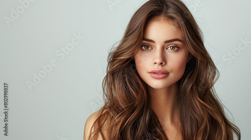 A young, beautiful woman with long, healthy brown hair is depicted in a salon, showcasing a stylish hairdo. The image exudes a sense of beauty and confidence, with copy space