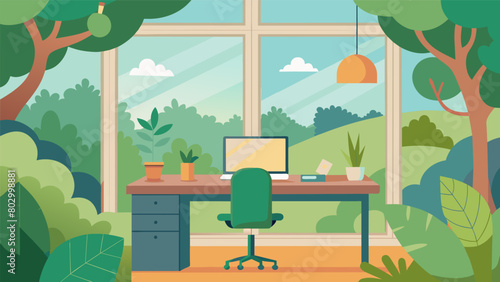 An organic home office with a large window overlooking a lush garden bringing in plenty of natural light and fresh air for a rejuvenating work.