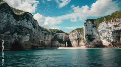 A boat navigates through a canyon alongside a tranquil body of water, surrounded by towering bedrock and a picturesque natural landscape AIG50