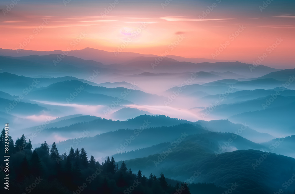 Majestic Mountain Range Silhouetted Against the Sunset Sky. The orange and pink hues of the sunset blend with the deep blues of twilight. Beautiful view of the mountains at sunrise.