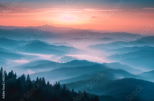 Majestic Mountain Range Silhouetted Against the Sunset Sky. The orange and pink hues of the sunset blend with the deep blues of twilight. Beautiful view of the mountains at sunrise.