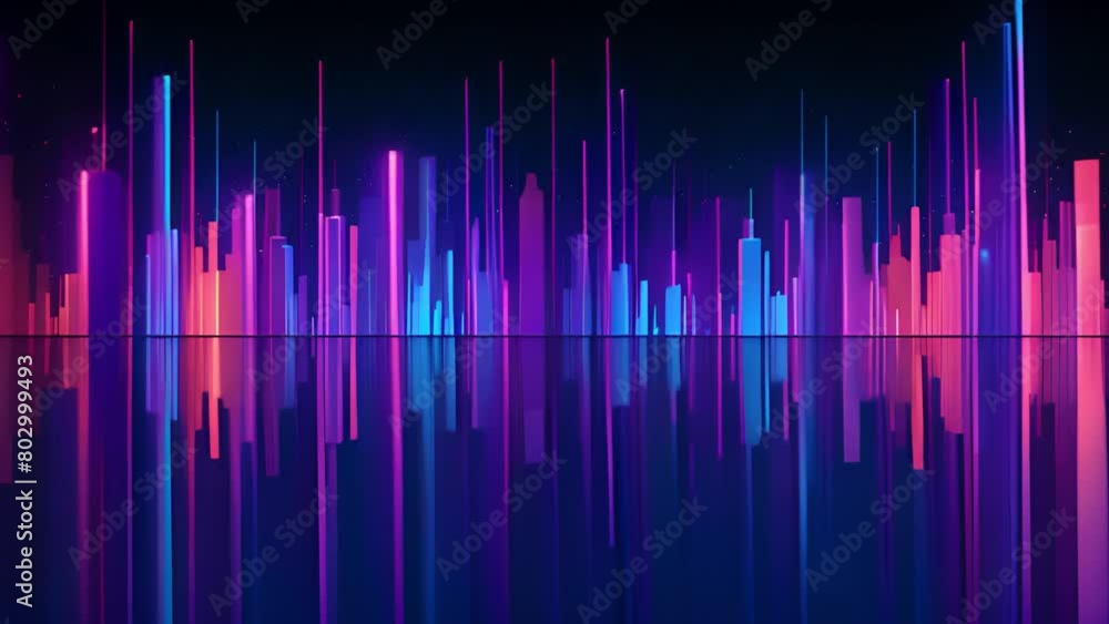 A colorful digital representation of a city skyline with bright vertical light streaks reflected over a surface. A colorful digital representation of a city skyline with bright vertical light streaks reflected over a surface.