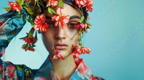 Enchanting Floral Fantasy:A Fashionable Model Adorned in Elegant Flower-Embellished Attire