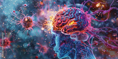 Subacute Necrotizing Encephalomyelitis (SNE): The Brain Inflammation and Motor Deficits - Visualize a person with highlighted brain areas showing inflammation and necrosis photo