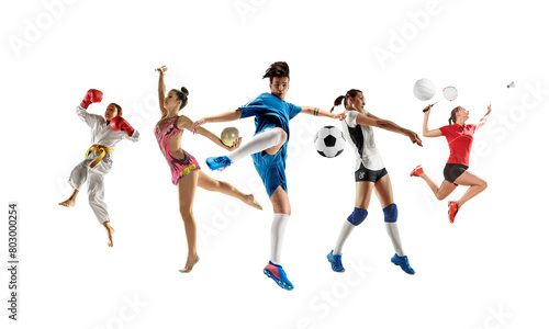 Collage of different professional sportsmen, fit men and women in action and motion isolated on transparent background. Made of 5 models. Concept of sport, achievements, competition, championship.