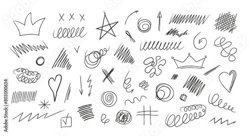 Graffiti squiggle underline doodles. Scribbles, scratches and shapes. Hand drawn charcoal pencil, marker. Rough crayon strokes and grunge elements.