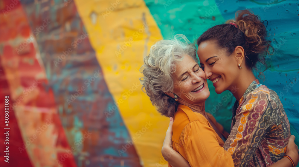 Against a vibrant rainbow background, a happy senior lesbian couple embraces warmly, their smiles radiating joy and love, while a candid inclusion and diversity banner at a pride event. Against a vibrant rainbow background, a happy senior lesbian couple embraces warmly, their smiles radiating joy and love, while a candid inclusion and diversity banner at a pride event.