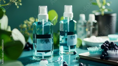 Green Mouthwash Bottles with Eco-Friendly Packaging and Soy-Based Ink Labels in Photography