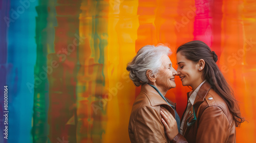 Against a vibrant rainbow background, a happy senior lesbian couple embraces warmly, their smiles radiating joy and love, while a candid inclusion and diversity banner at a pride event. © P