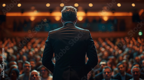 Back view of motivational speaker standing on stage in front of audience at business event