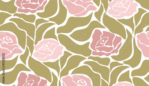 Abstract vector floral seamless pattern. Minimalistic romantic roses graden retro 70s style groovy flowers design for prints.