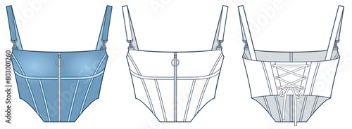 Corset Top technical fashion Illustration. Denim Corset fashion flat technical drawing template, strap, lace-up, slim fit, front and back view, white, blue, women Top CAD mockup set.