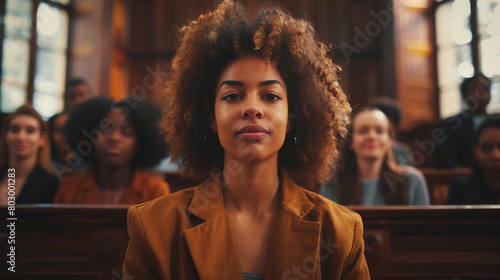 In a courtroom, diverse individuals receive fair and impartial justice. Individuals receive fair treatment under the law regardless of their race, gender, religion, or socio-economic status. photo