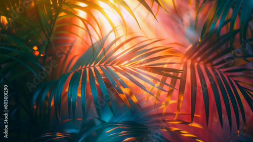 The sun's rays enhance the lush green leaves of a tropical plant, reflecting the vitality and tranquility of summer. © CreativeArt