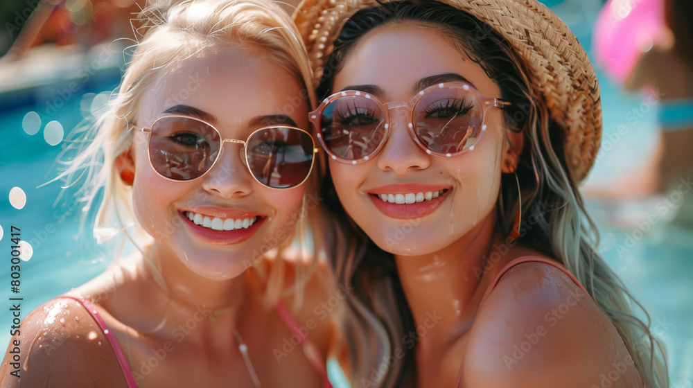 asian and caucasian cute women are posing at swimpool party. asian and caucasian cute women are posing at swimpool party.