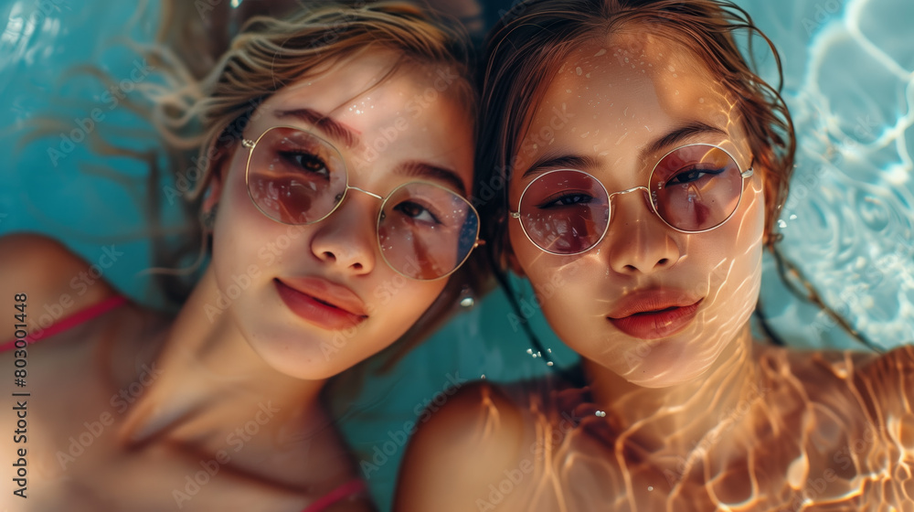 asian and caucasian cute women are posing at swimpool party. asian and caucasian cute women are posing at swimpool party.