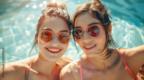 asian and caucasian cute women are posing at swimpool party. © P