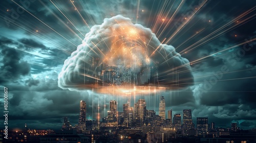 A cloud emitting rays of light that form a protective dome over a digital city, illustrating the concept of cloud security as a guardian of urban digital infrastructure. photo