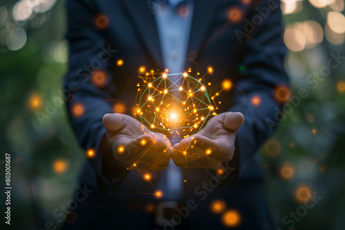 Businessman hand holding global network connection concept on blurred nature background. © Vitalii