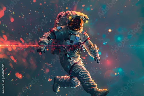 An astronaut floating freely, tethered to a spaceship that gradually pixelates, symbolizing the edges of human understanding photo