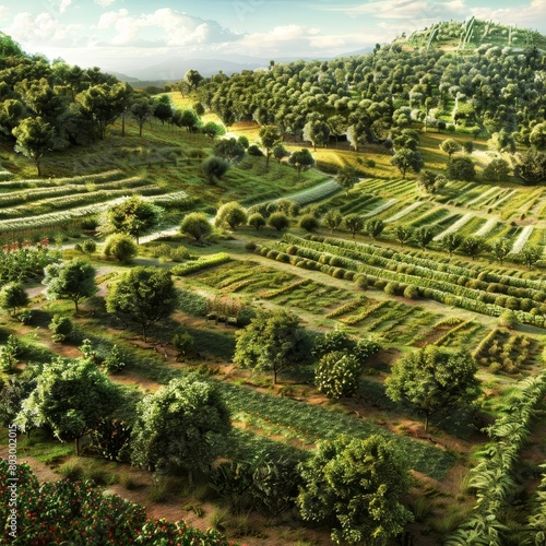 Lush Agroforestry Landscape with Diverse Crops and Tree Plantings Providing Environmental Benefits
