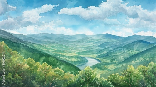 A watercolor illustration of a panoramic view of green mountains under a clear blue sky.