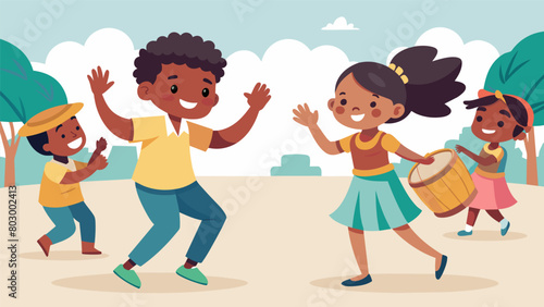 A boy and girl dancing in the street their feet moving to the rhythm of traditional African drumming surrounded by other children clapping and. Vector illustration