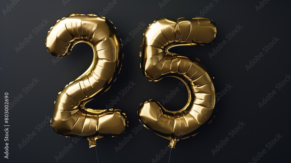 Golden foil balloon number 25 on dark background Golden foil balloon number 25 on dark background