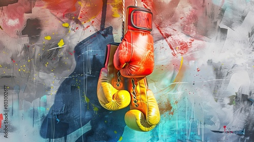 Red boxing gloves hang on a nail against a colorful weathered wall Generative AI photo