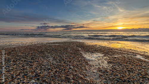 Tableau sur toile Shells on the beach of Den Helder, Netherlands, during a colorful sunset