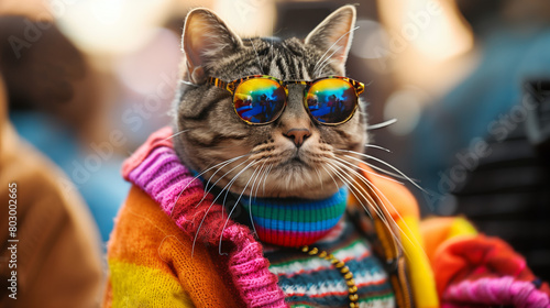 Cat wearing rainbow walking on a runway wearing as fashion week shown pride month festival