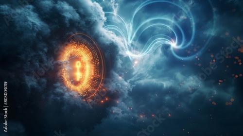 A digital keyhole embedded in the side of a cloud, glowing brightly. This represents secure access control in cloud computing.