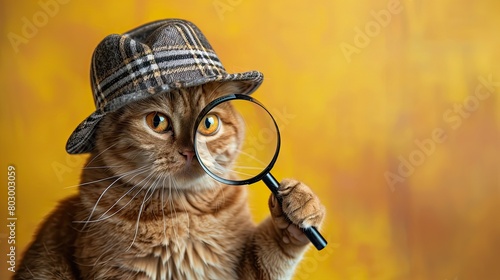 cat detective looking through magnifying glass Generative AI photo