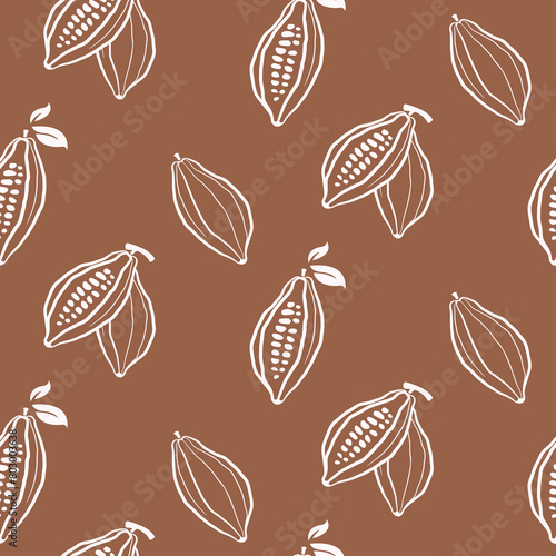 Cacao beans pattern vector illustration. Cocoa hand drawn doodle texture. Chocolate bean sketch background. Cacao plant part, cacao leaves. Design for cafe chocolate dessert, shop menu, chocolate bar