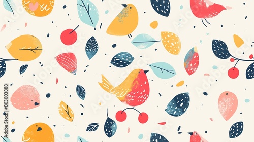 spring birds with flower and tree refreshing positive feeling, seamless pattern nursery design cartoon style illustration with grungy texture, Generative Ai