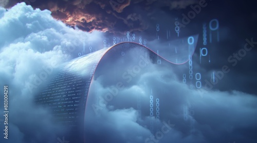 A digital scroll unrolling in front of a cloud, displaying encrypted codes and security certifications.  photo