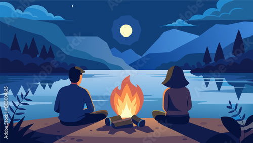 Two friends sit at a bonfire by the lake sharing their fears and hopes for the future while watching the flames reflect on the waters surface..