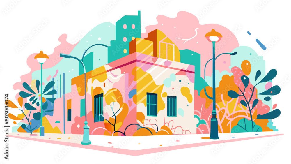 Whimsical Urban Landscape Illustration in Pastel Colors