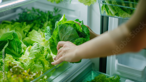 Close-up: Against the backdrop of crisp greens and colorful vegetables, the young woman's hand reaches into the refrigerator and retrieves a head of crisp lettuce, the vibrant leav photo