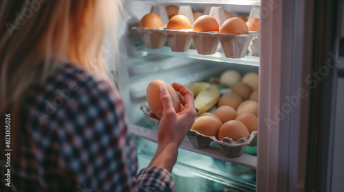 Close-up: Amidst the assortment of dairy products, the young woman's hand reaches into the refrigerator and grabs a carton of farm-fresh eggs, the cool shell promising a delicious